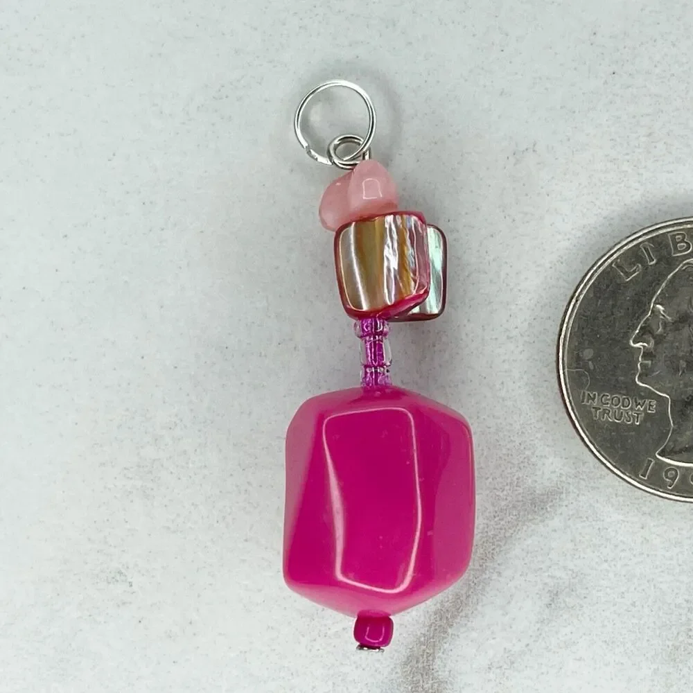 Pink Shell Beaded Upcycled Pendant Silver Tone Repurposed ✨